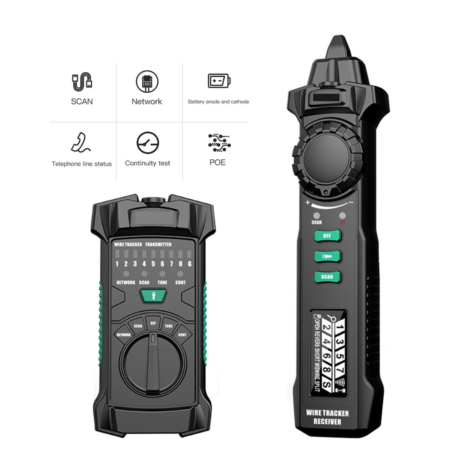 Rilevatore cavi elettrici, Tester for cavi telefonici di rete, localizzatore di cavi multifunzione, rilevatore di linee di rete, tester for cavi con display digitale LCD, localizzatore POE