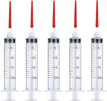 5Pcs Drench Gun Feeding Syringe, Small Animal Pet Livestock Drench Syringe with 5Pcs Screw In Drench Nozzle for Liquid Measuring Watering Refilling Feeding (20ML)