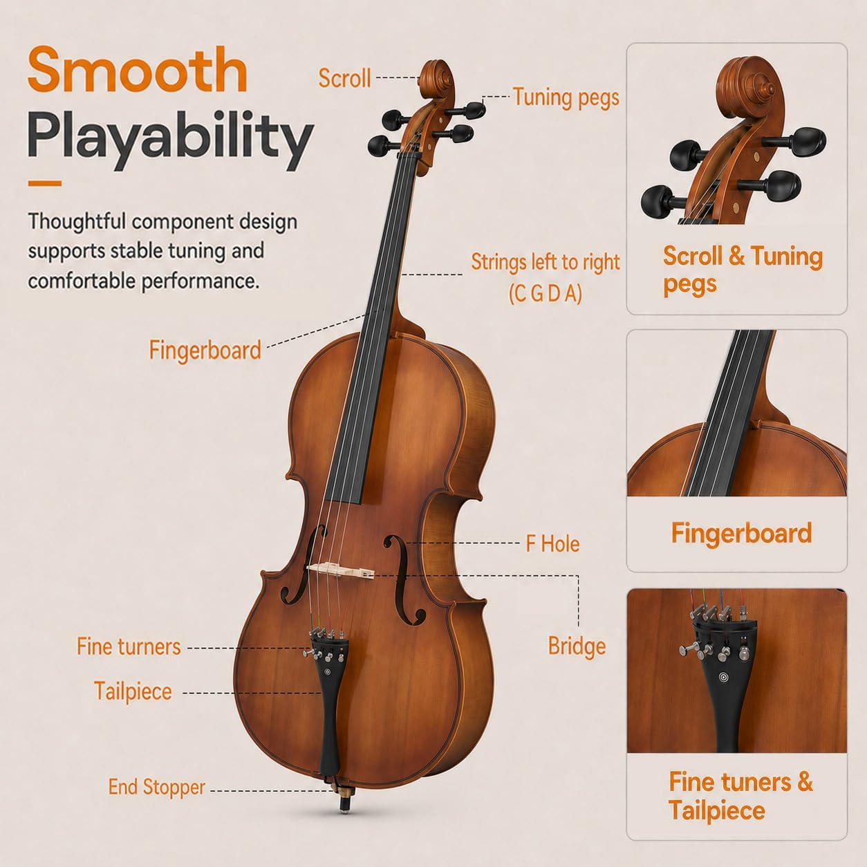 Full Size Acoustic Cello Kit for Adults,Beginners,Complete 4/4 Cello Set with Portable Bag, Bow, Rosin (Matte Natural)