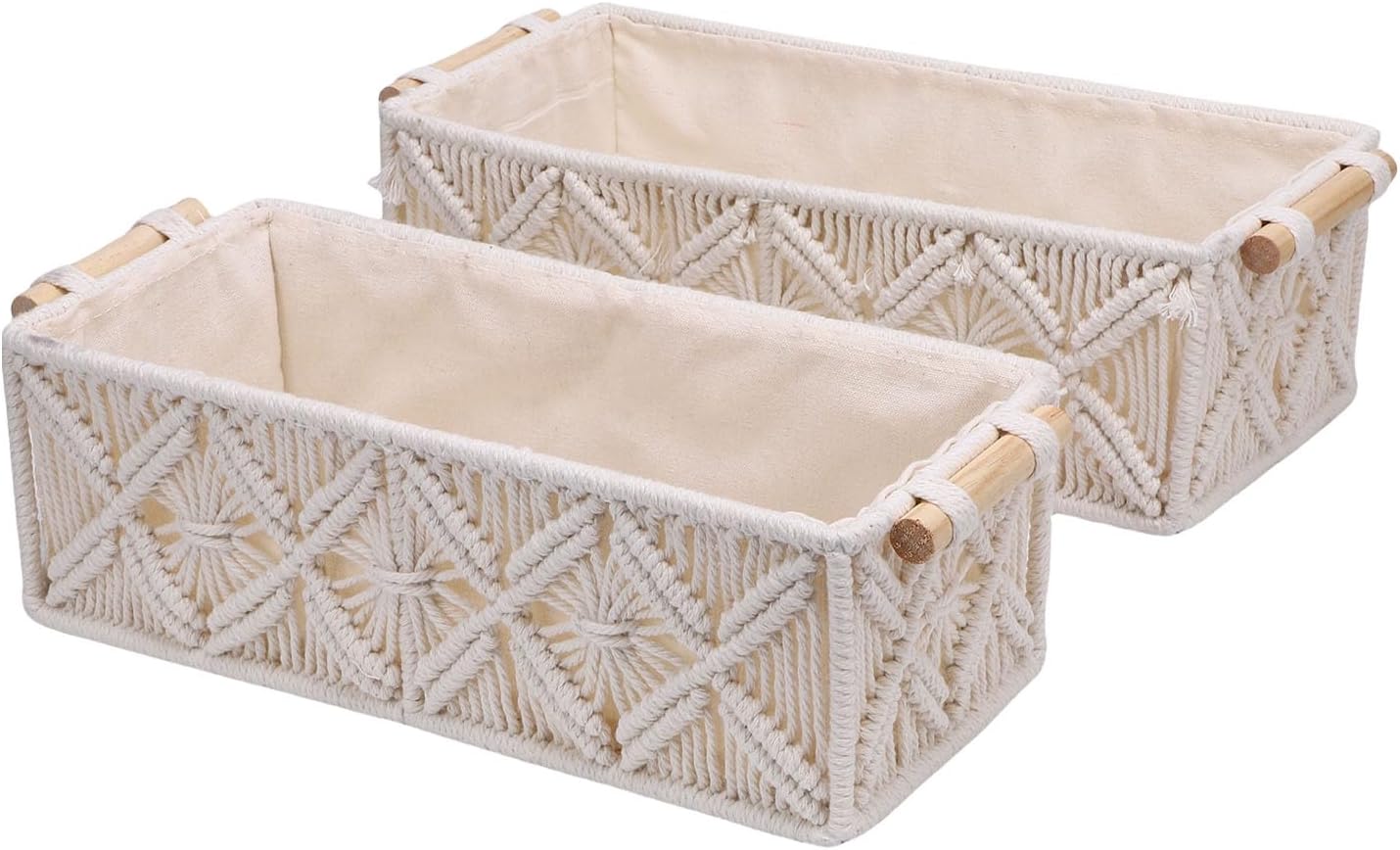 Zerodis Storage Basket Bohemian Hand Woven Cotton Rope Decorative Storage Bin With Handles Snacks Drinks Basket For Remote Control Towels Toiletries Magazines Boho Decor