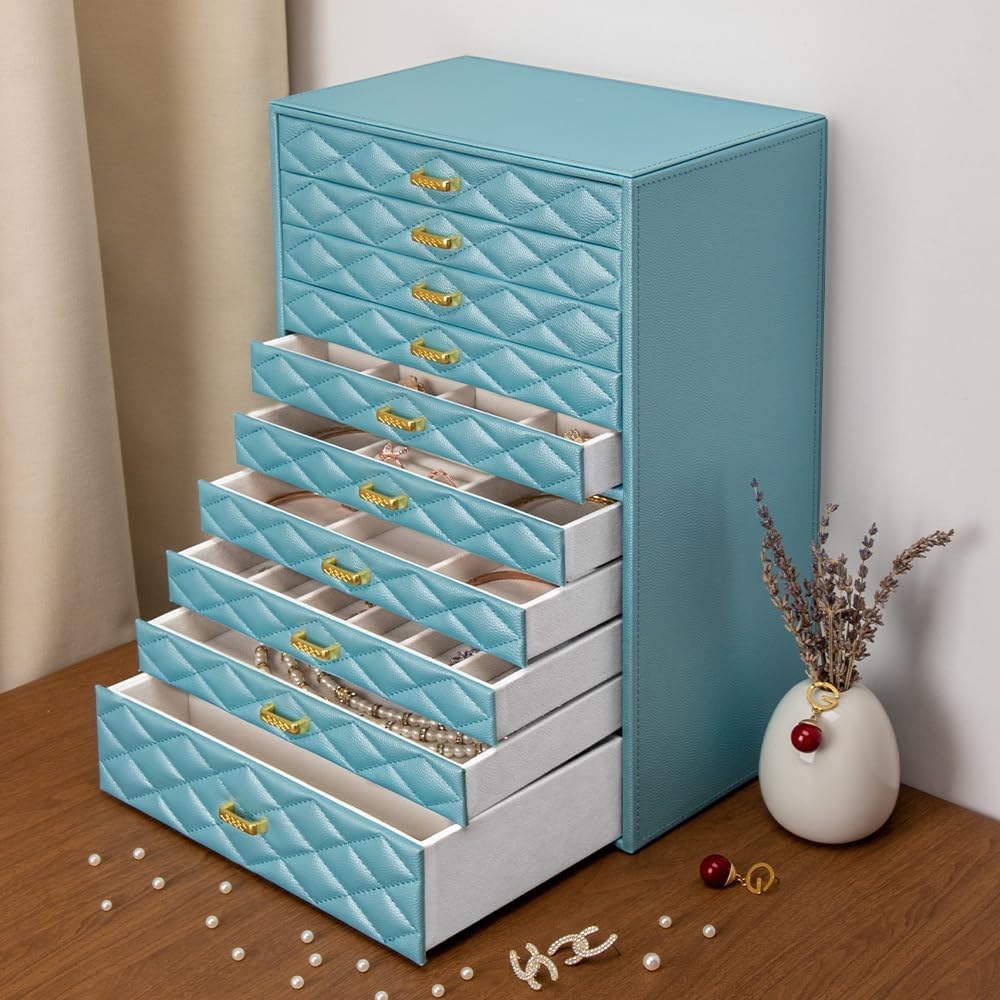 Extra Large Jewelry Box Organizer with 10 Drawers - Premium Faux Leather Storage Case & Velvet Lining | Modern Scandinavian Design for Rings, Necklaces, Earrings