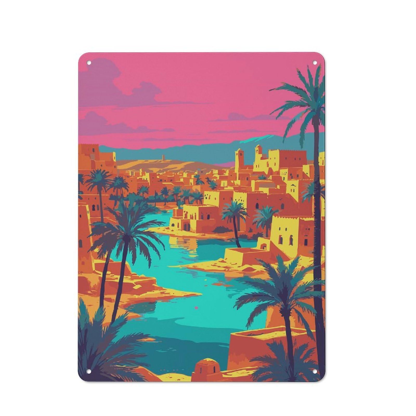 Junmoney Style-19 Vibrant Desert Oasis Cityscape Illustration Decorative Metal Plaque 40X30cm, Shop Front Style Bistro Wall Plaque For Tea Room, Shop Wall Or Breakfast Area