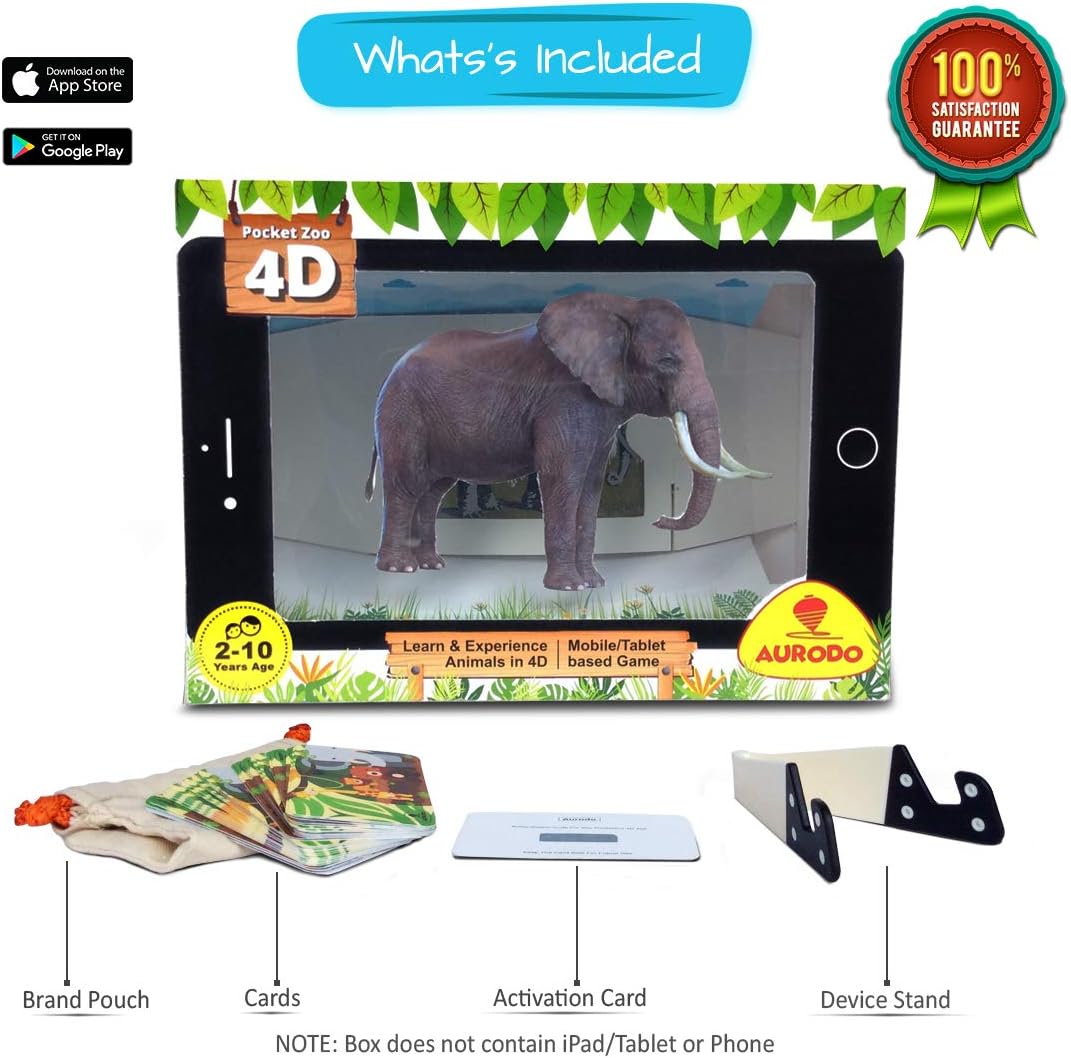 Aurodo Pocket Zoo 4D - Top 4D STEM Learning Game 2019 - INTUITIVELY DESIGNED Learning of Animals in Augmented Reality | Click photos and Record Amazing Funny Videos of kids with Animals | Age 2 and Up
