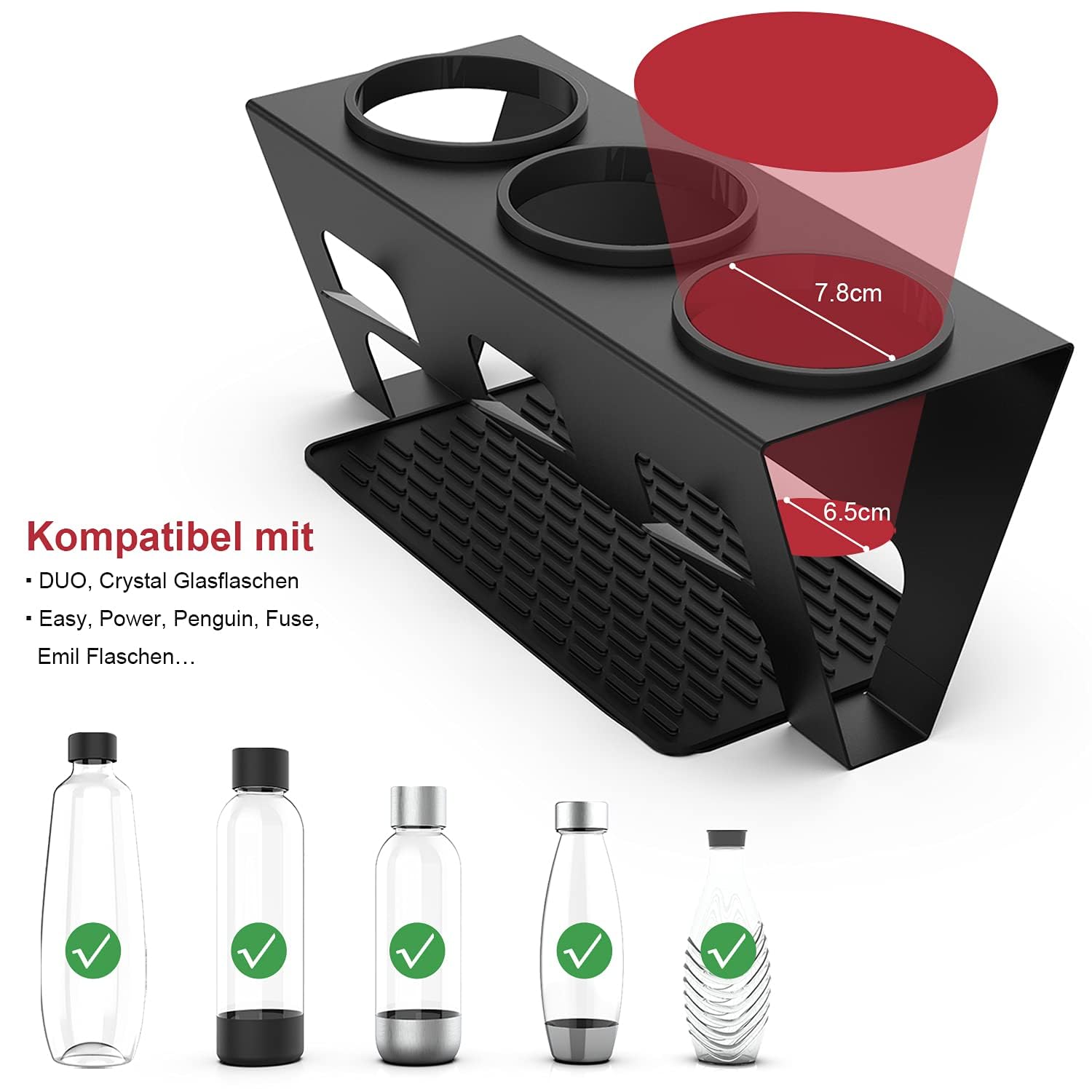 Rainsworth Uchwyt na butelki do Sodastream Duo, czarny ociekacz na butelki, 3-częściowy ociekacz ze stali nierdzewnej, ociekacz do butelek, stojak ociekowy z silikonowymi pierścieniami ochronnymi