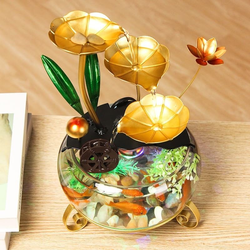 Indoor Tabletop Fountain with Water Wheel, LED Light, Lotus Leaf Decor and Mist Maker – Desktop Zen Fountain for Home Office