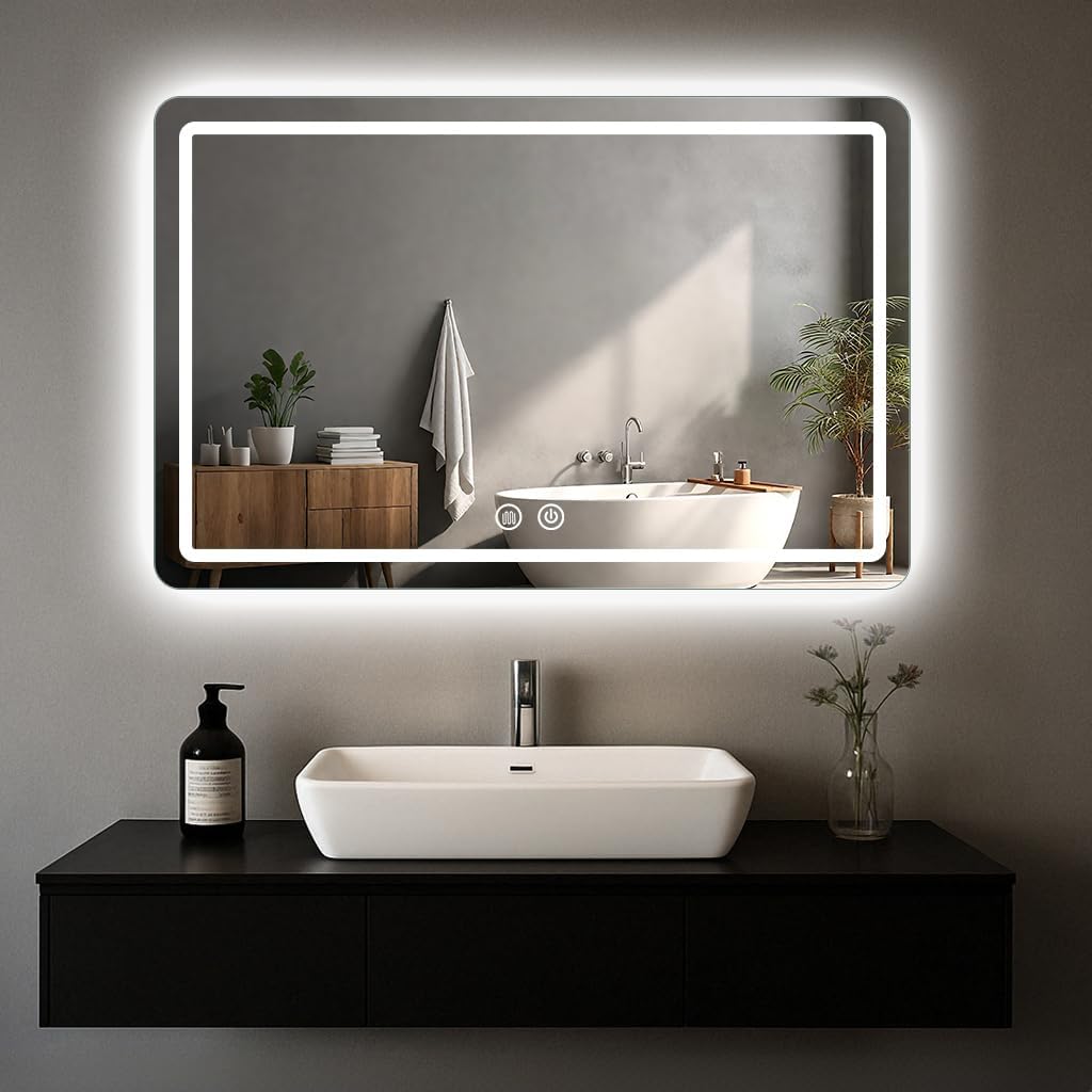 led bathroom mirror 48 x 36 angled view with lights on