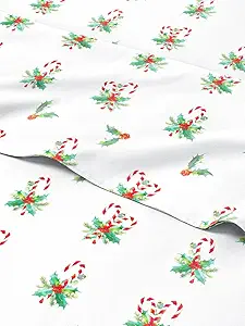 King Candy Cane Mistletoe Sheet Set - Holiday Xmas Pattern Bedding Set - Deep Pockets - Snug Fit - 4PC - Wrinkle Free & Easy Fit - Cozy Festive Winter - Holiday Sheets for Women, Men, Kids & Teens