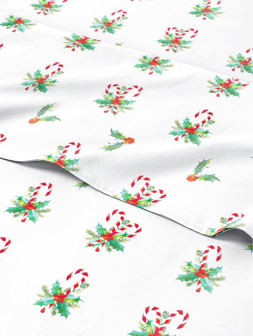 Christmas Sheet Set, Candy Cane Mistletoe, Holiday Xmas Bedding Set - Queen