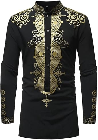 Mens Luxury Gold Printed Dress Shirts Long Sleeves Traditional African Tribal Dashiki Casual Button Down Shirt Slim Fit