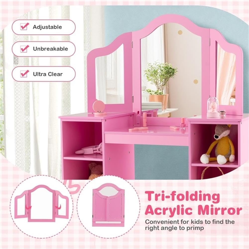 Pemberly Row Princess Makeup Vanity and Desk Set, Pink Finish, Includes Tri-Fold Mirror and Ergonomic Chair, Storage Compartments, Safe Design for Kids Ages 3 and Up