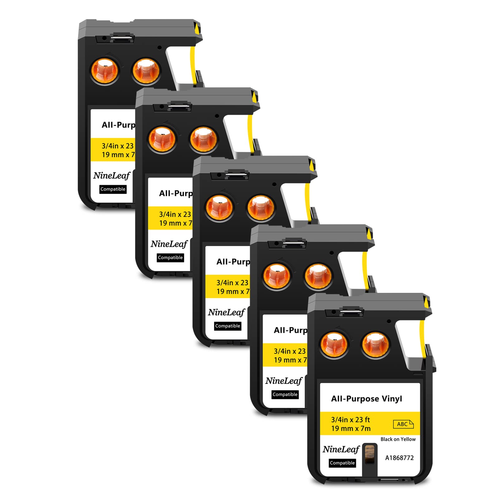 NineLeaf 5 Packung Ersatz für Dymo 1868772 A1868772 19mm x 7m 0.7'' 3/4 Zoll Schwarz auf Gelb Bänder Allzweck Vinyl Industrie Schriftband für Rhino XTL-300 XTL-500 Beschriftungsgerät