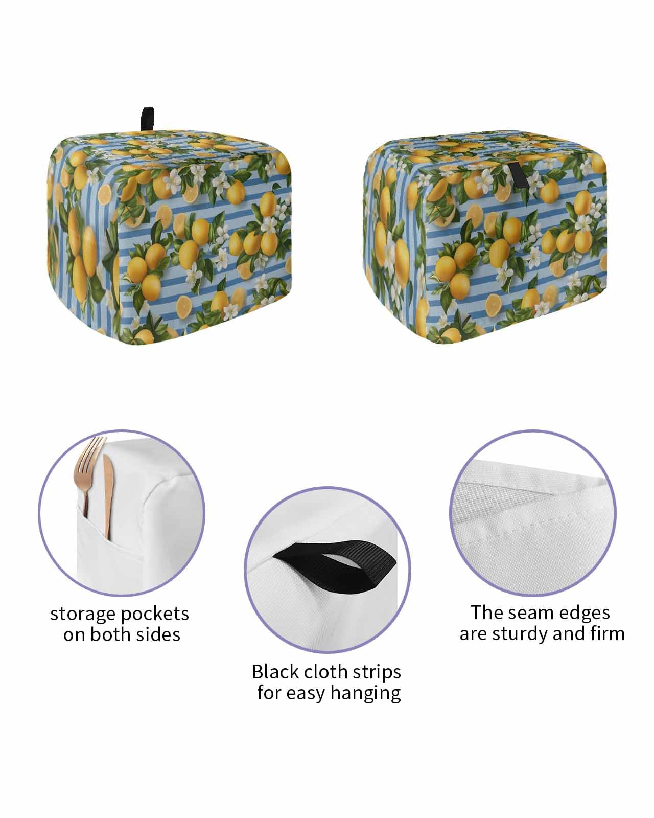 Summer Lemon Toaster Cover 2 Slice, Farmhouse Botanical Fruit Blue Striped Dustproof Bread Machine Oven Cover with Storage Pockets, Fits Most Kitchen Toasters Protector