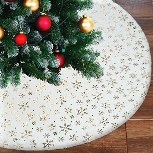 Ywlake Jupe de Sapin de Noël 48 Pouces Blanc en Peluche Jupe de Sapin de Noël de Fête de Noël Or Jupe de Sapin de Flocon de Neige pour Noël Nouvel an Fête Décorations de Vacances (120cm/dorée) Cover