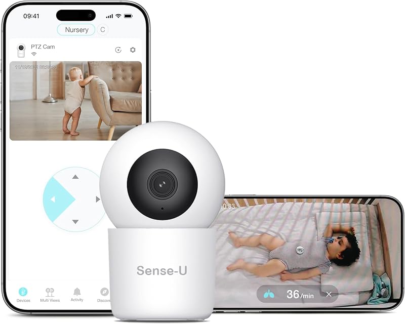 AI 2.5K PTZ Baby Camera Monitor with Sensor-Free Sleep Breathing Movement Detection, Smart Security Indoor Video Camera with Background Audio, Cry Detection, No Monthly Fee, for Peace of Mind