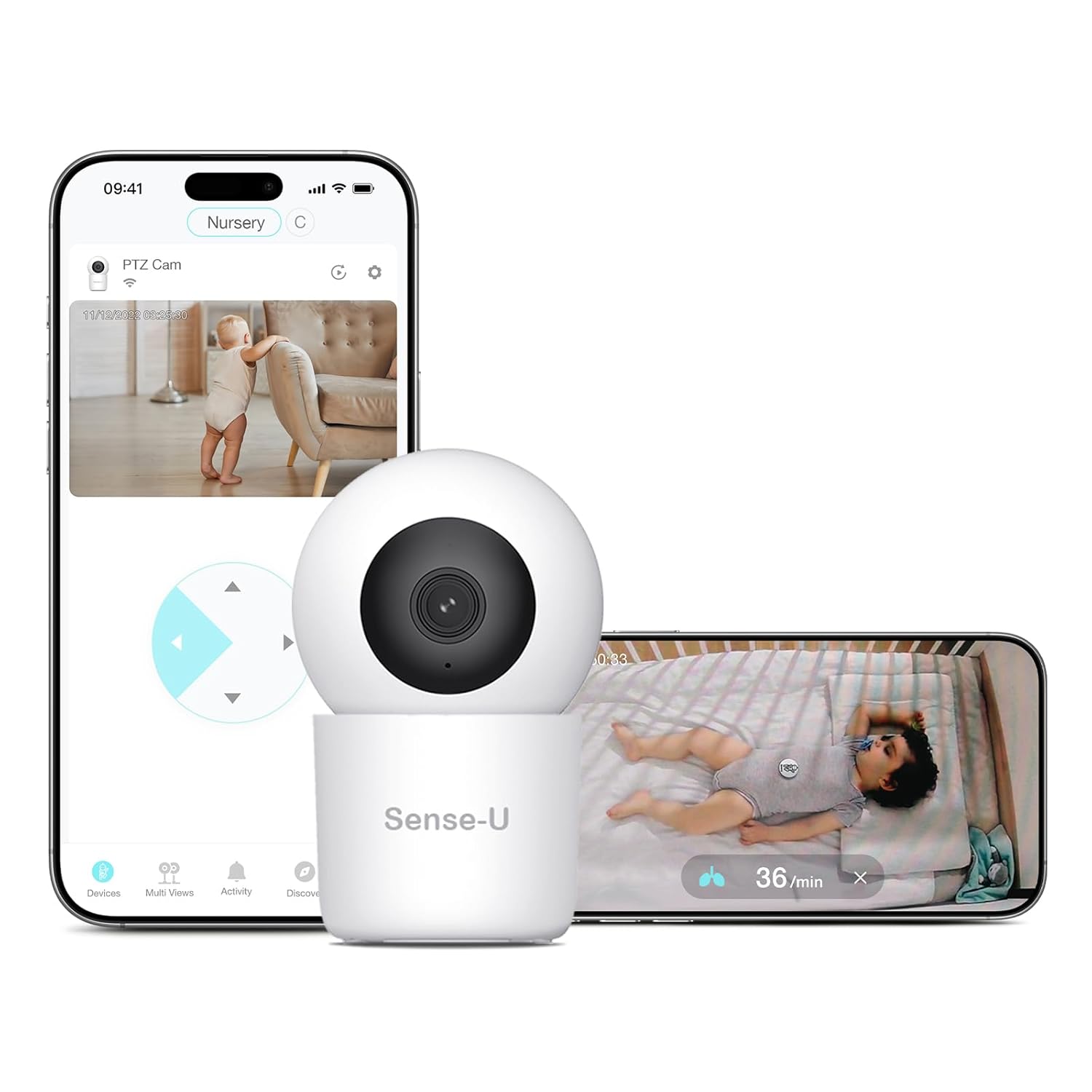 Sense-U AI 2K PTZ Baby Camera Monitor with Sensor-Free Sleep Breathing Movement Detection, Smart Security Indoor Video Camera with Background Audio, Cry Detection, No Monthly Fee, for Peace of Mind