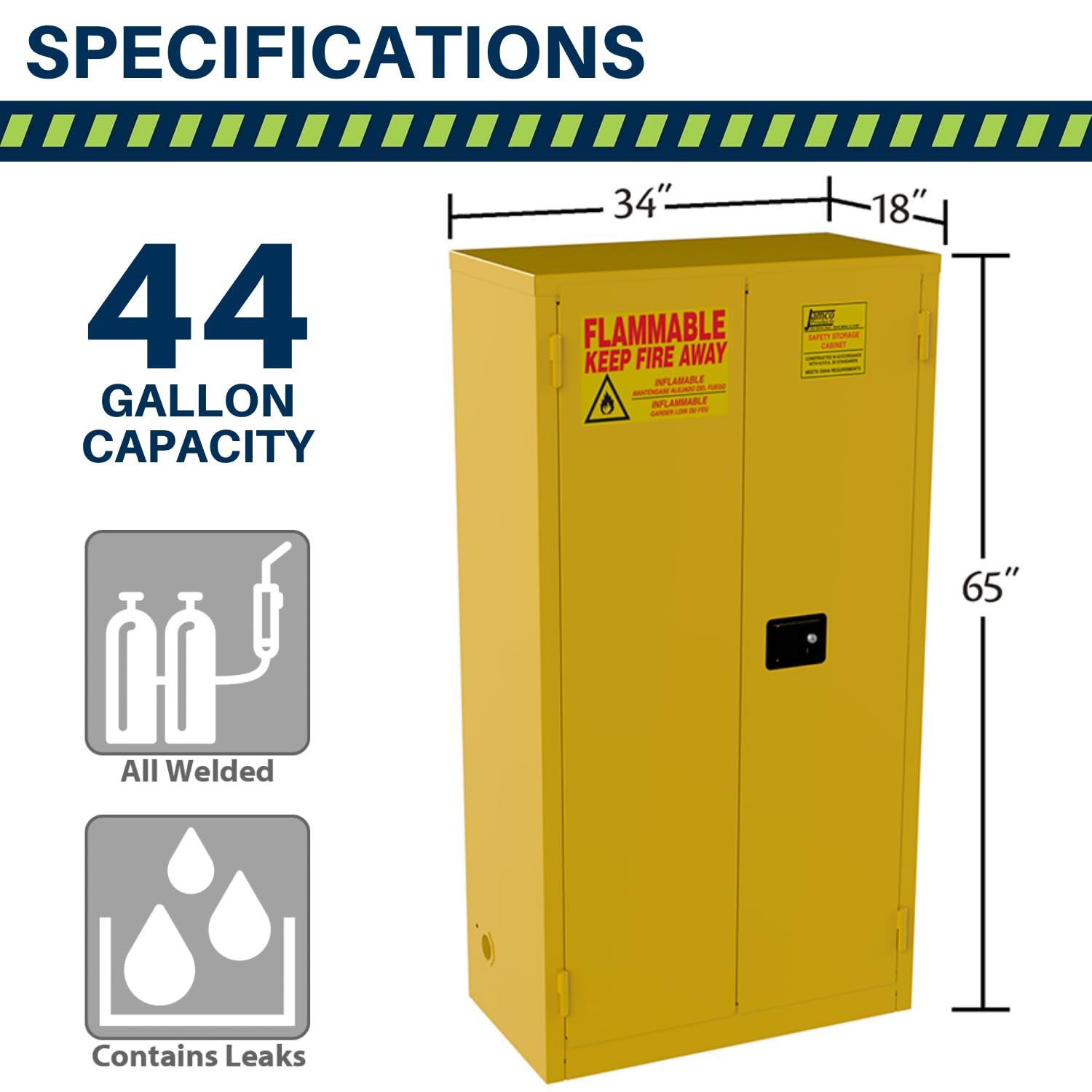 Jamco 44 Gallon Flammable Safety Cabinet, Steel Flammable Storage Cabinet with Lockable Manual Closing Doors, Non Forkliftable, 34