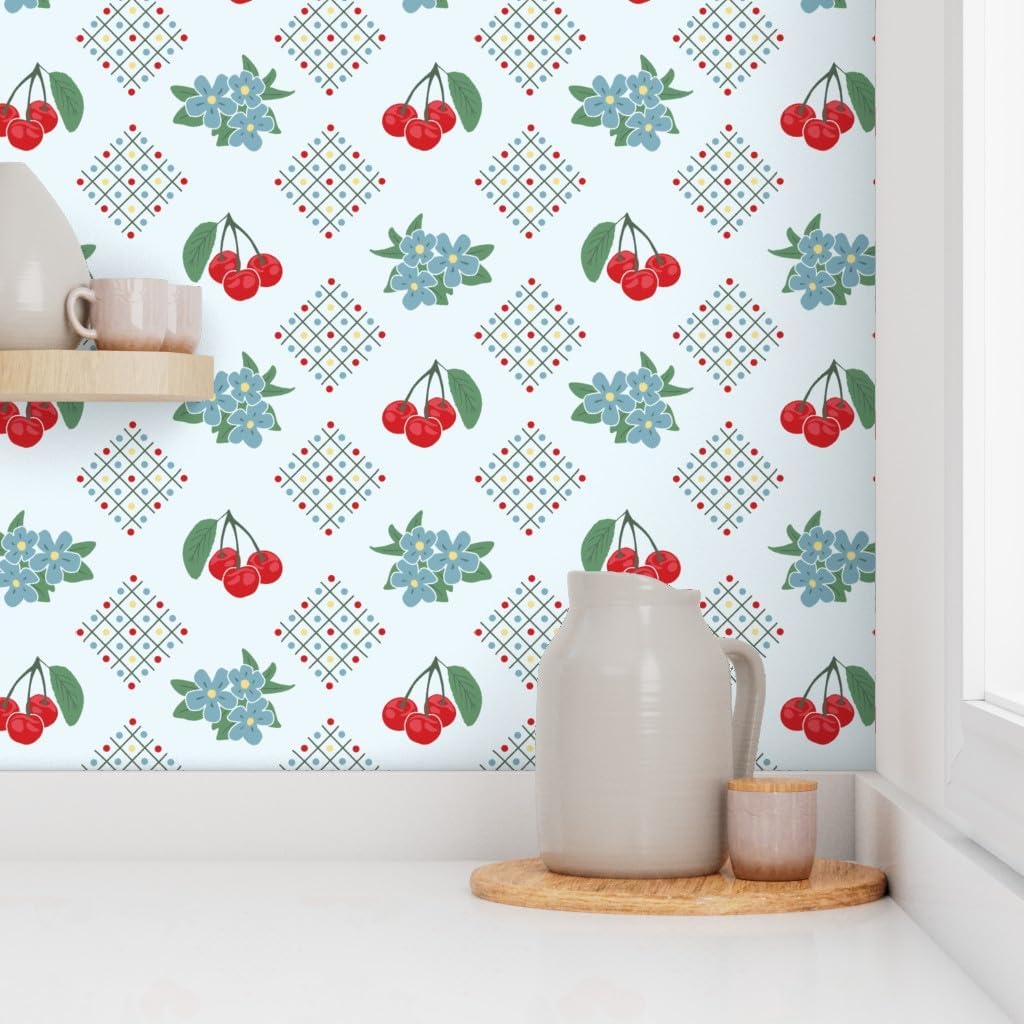 Peel & Stick Wallpaper 9ft x 2ft - Style Kitchen Cherry Blue Large Print 1940S Light Red Custom Removable Wallpaper by Spoonflower