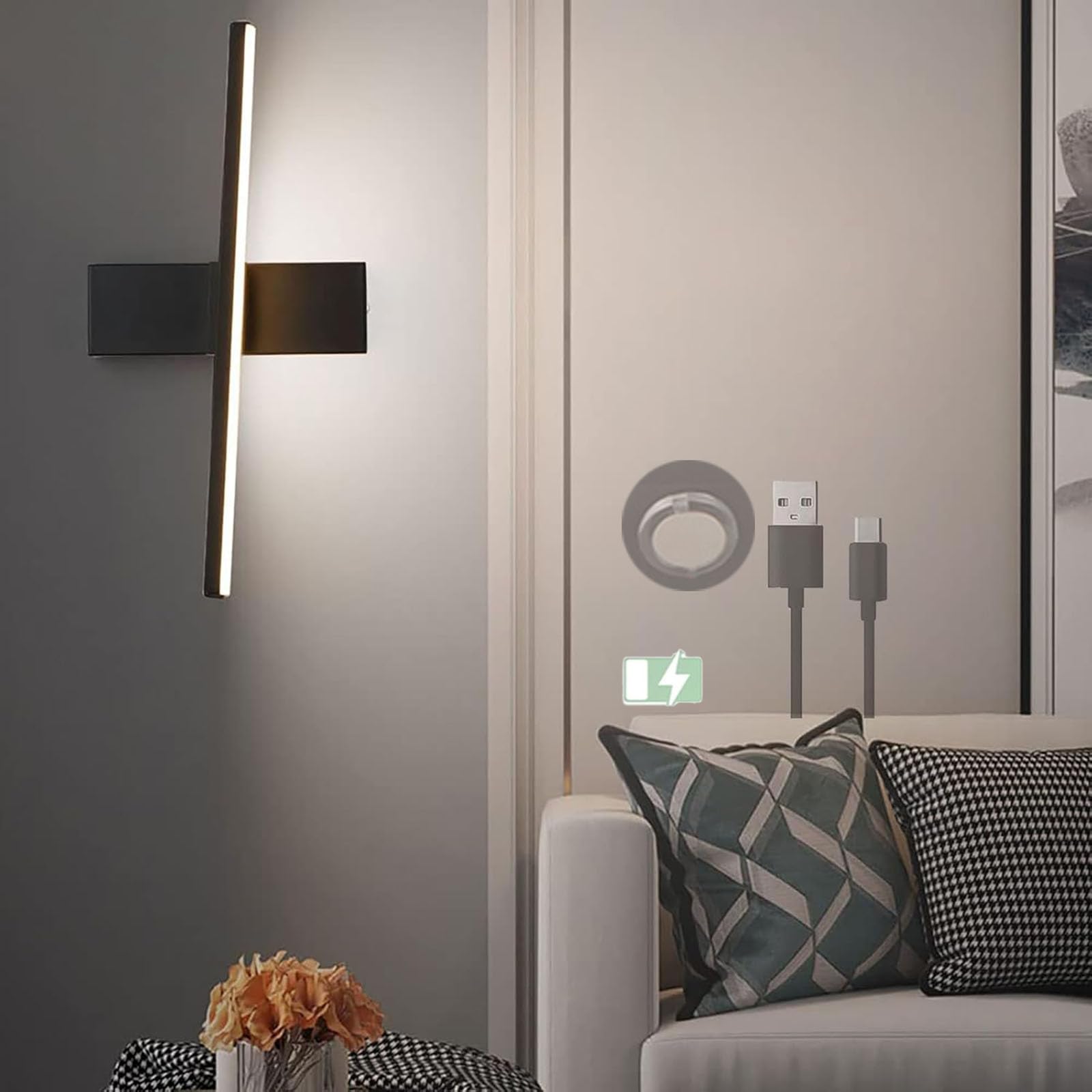 Aplique de pared con interruptor USB recargable regulable y luz LED de 40cm 8