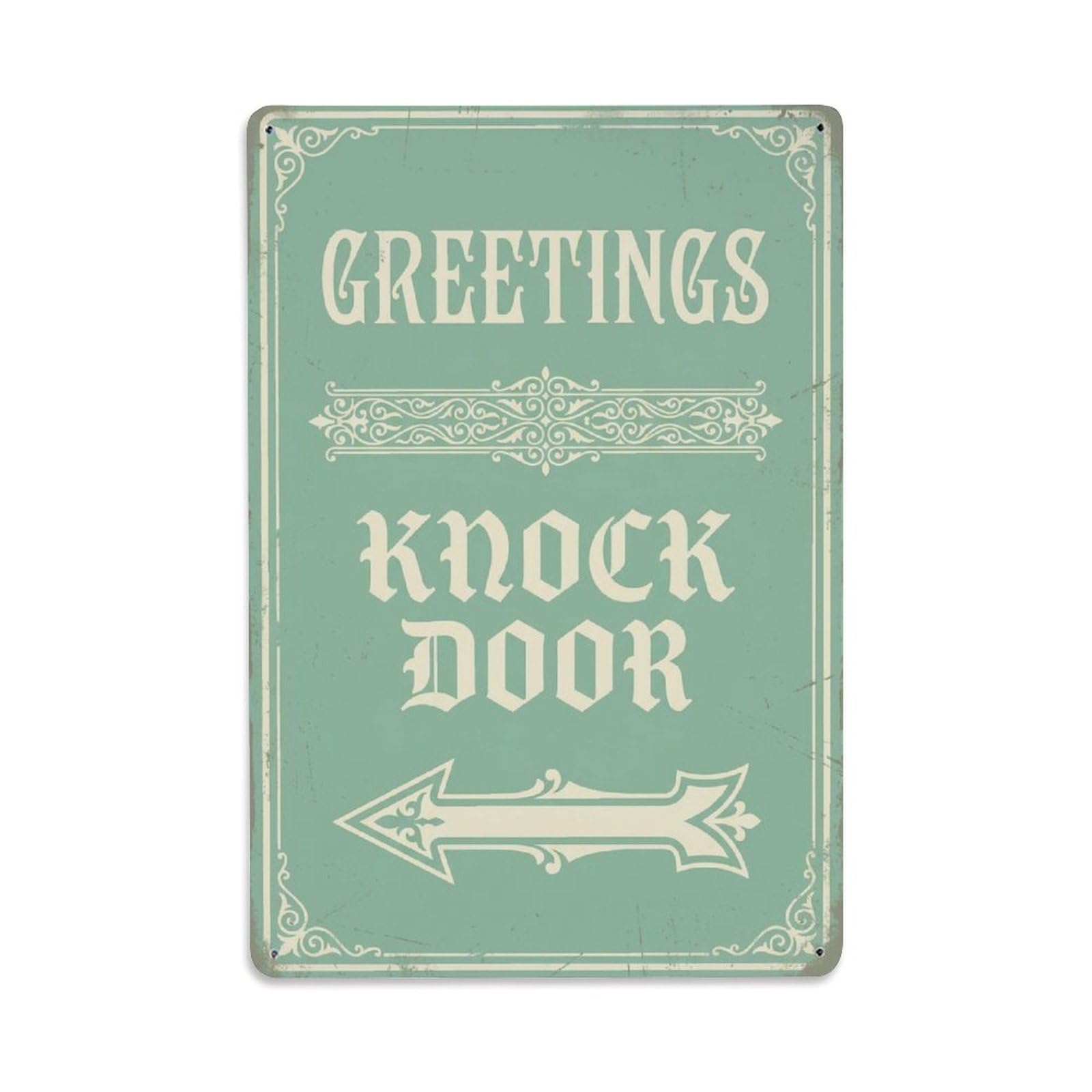 Metal Tin Sign Vintage Greetings Knock Door Arrow Border