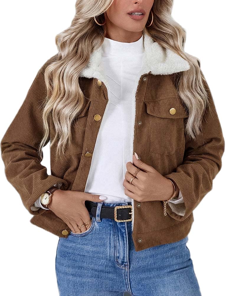 Mywinway Corduroy Jacket Women Fall Winter Sherpa Lined Casual Button Down Fuzzy Fleece Cropped Jacket Warm Overcoat