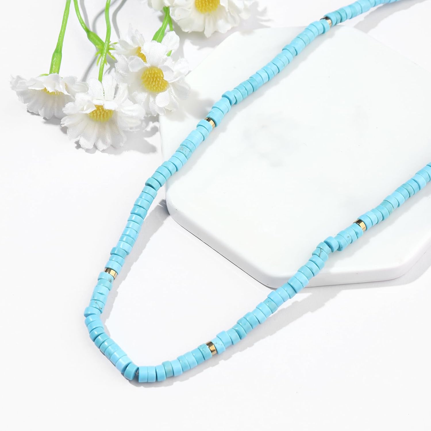 Beaded Choker Necklaces for Women Dainty 14K Gold Plated Heishi Bead Crystal Necklace Gemstone Beaded Necklace Natural Stone Necklace Boho Choker Necklace Jewelry Gifts for Women - Image 4