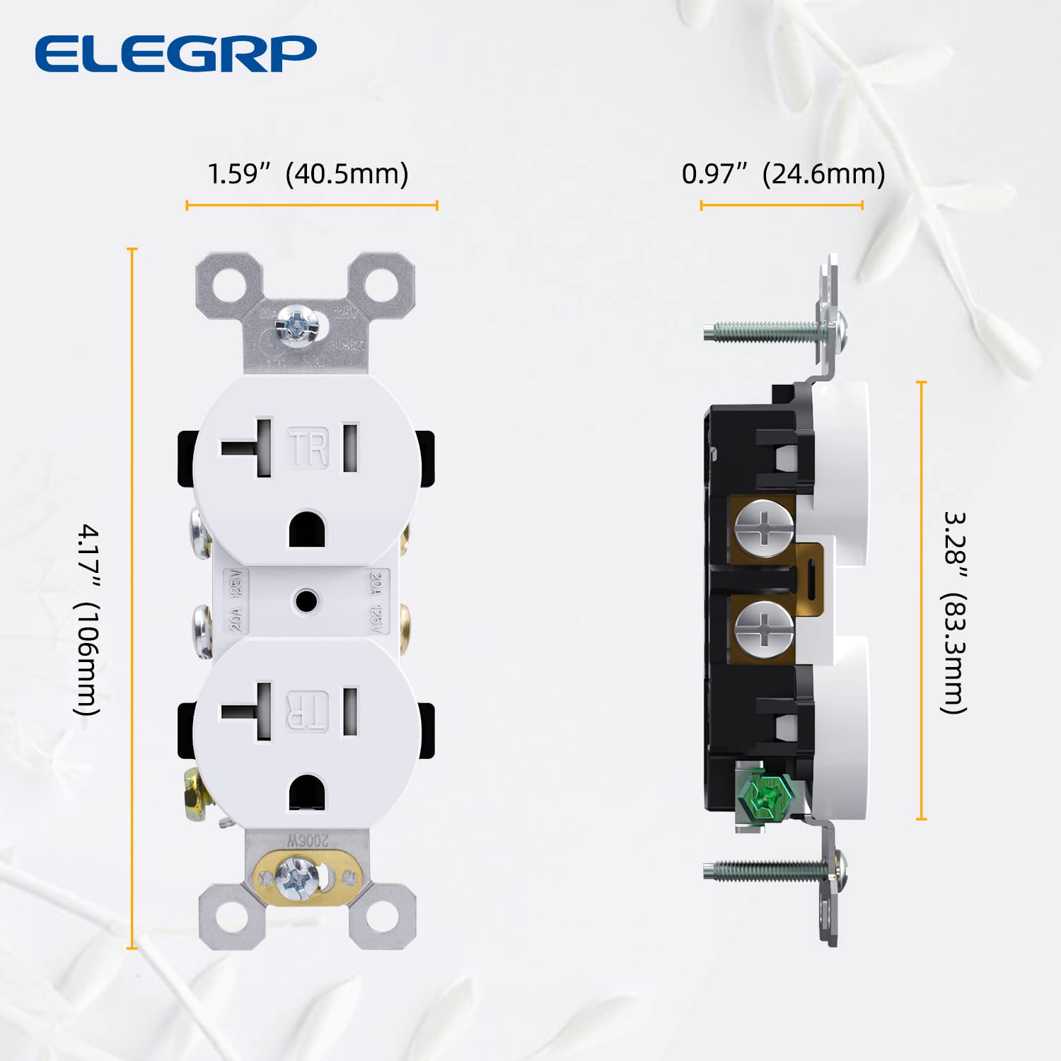ELEGRP Tamper-Resistant Duplex Receptacle, 20A 125V Standard Electrical Duplex Wall Outlet, 2 Pole 3 Wire, 5-20R, Self-Grounding, Residential Grade Straight Blade, UL (Glossy White, 10 Pack)