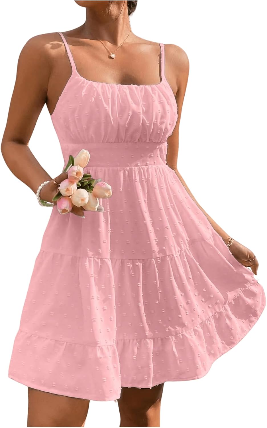 Floerns Women's Swiss Dots Sleeveless Ruched Bust Ruffle Hem Cami Short Dress - Image 5