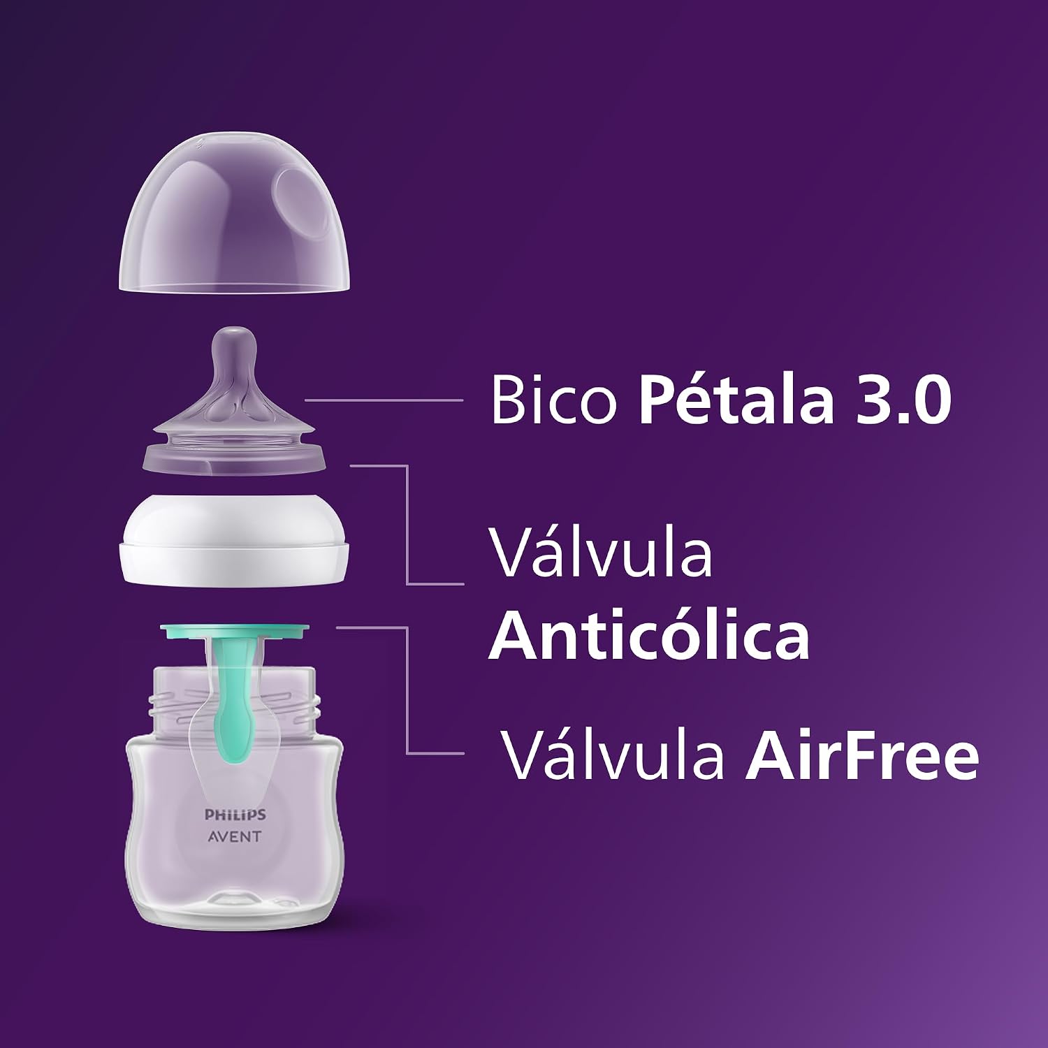 Mamadeira Pétala 3.0 com AirFree Vent Philips Avent 4 oz/125 ml, com bico de fluxo lento (Fluxo 2), SCY670/01
