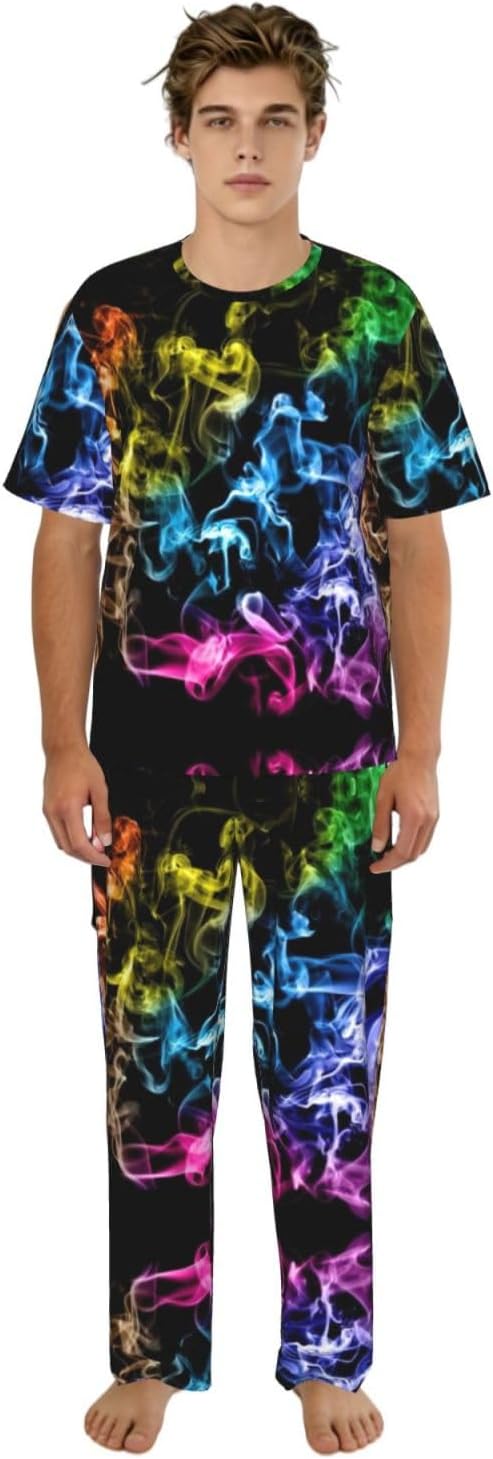 Men'S 2 Piece Loungewear Pajama Set Colorful Smoke Print Short Sleeve Tee Top And Pants Set S-3xl