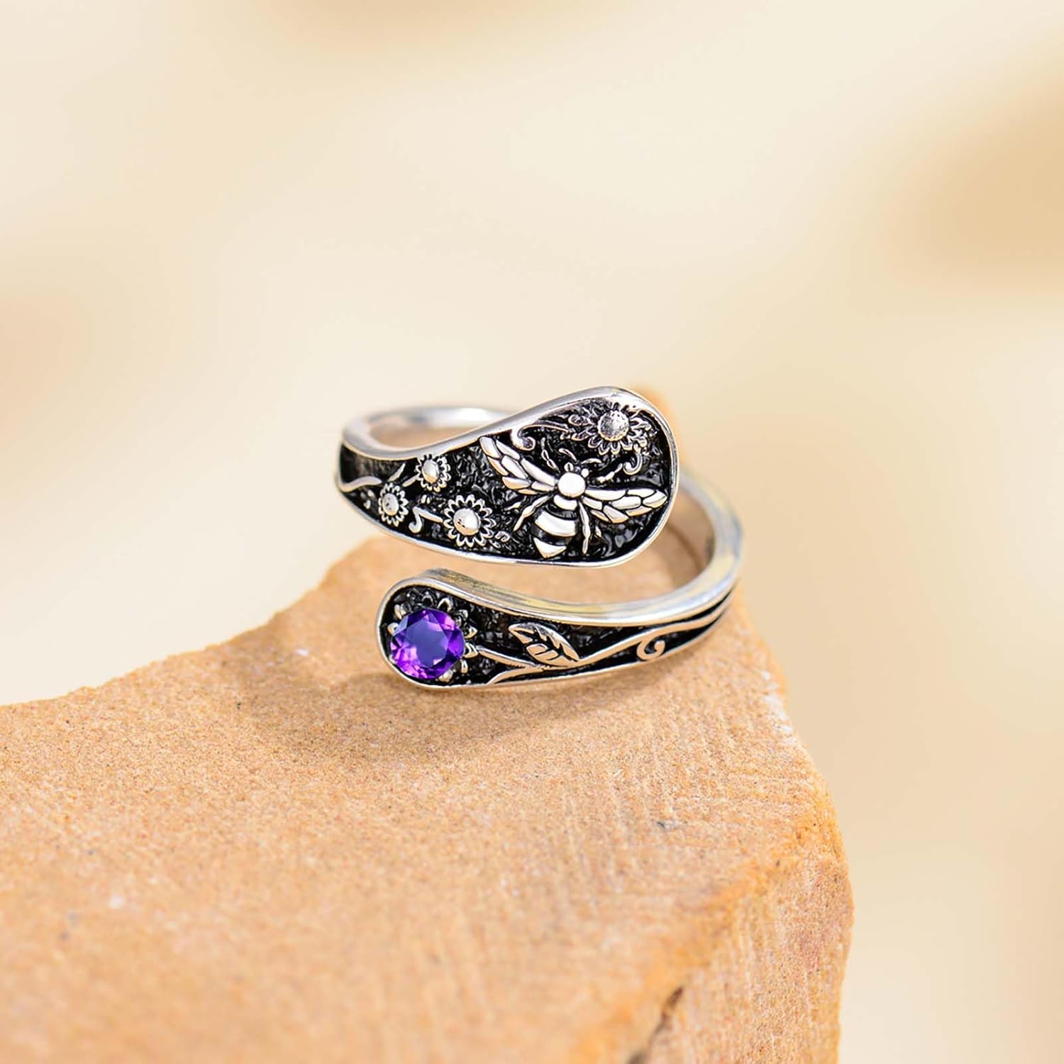 Genuine Amethyst Spoon Ring for Women 925 Sterling Silver Butterfly/Bee/Dragonfly/Eagle/Bird Spoon Rings Real Amethyst Jewelry for Her Wife