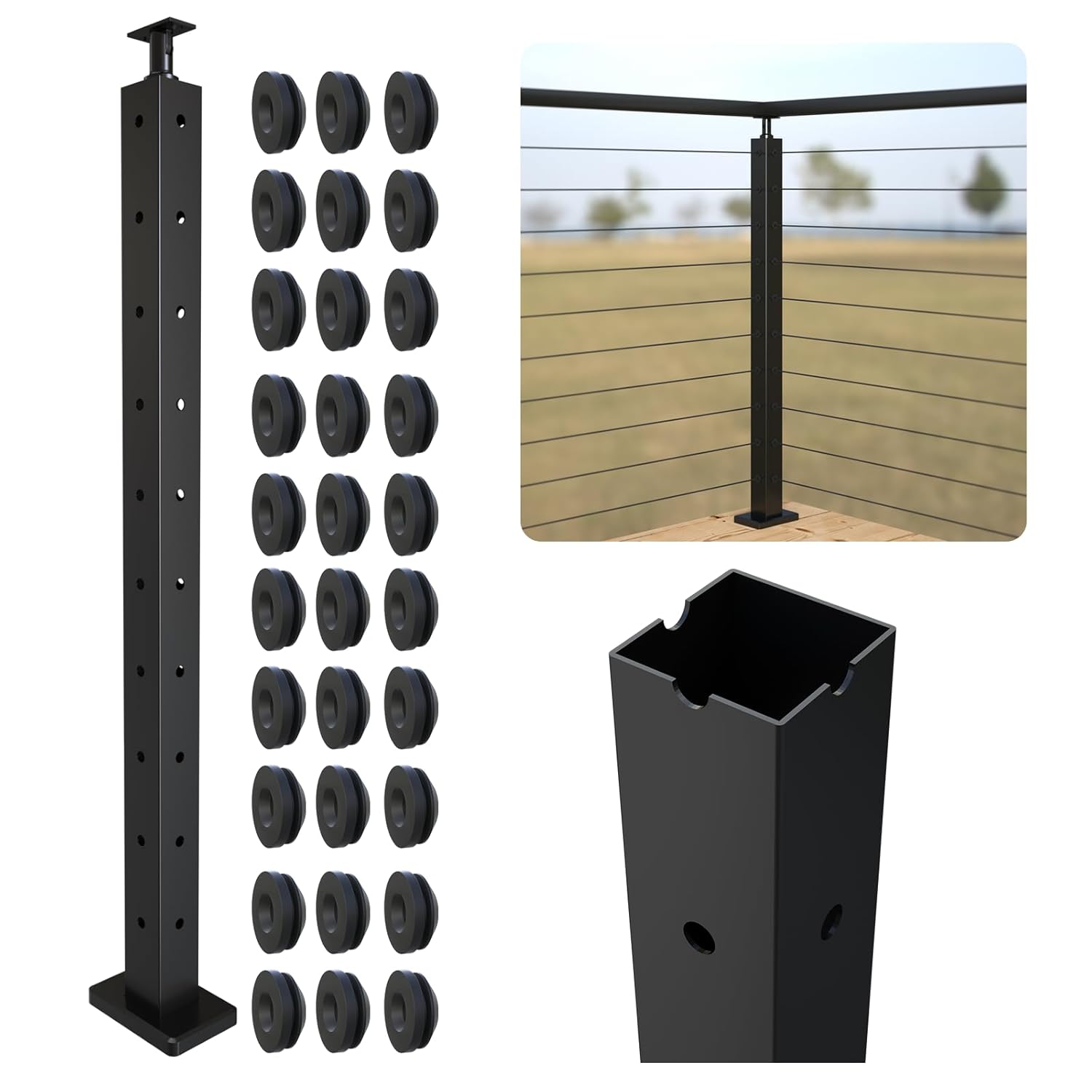 corner cable railing post 36" (35"x2"x2"), t-drilled three sides corner post, stainless steel railing post adjustable top, black deck post with cable grommets, surface mount post for porches, decks corner post 1