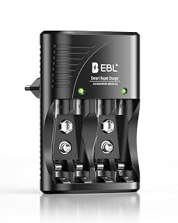 EBL 4 Ranuras Cargador de Pilas AA AAA 9V, Rápido Cargador Plug, Multifuncional Cargador de Baterías para AA AAA 9V Pilas Recargables Ni-MH con Indicadora LED, AC 100-240 V