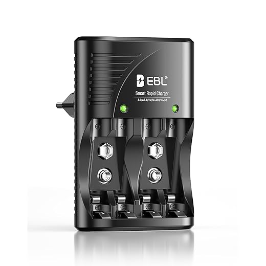 EBL Universel Chargeur de Piles Direct, pour AA/AAA et 9V Piles Rechargeables, Chargeur 6802 pour AA AAA NI-MH et 9V Piles Rechargeables avec Indicateur LED, Adaptateur Secteur 100-240V
