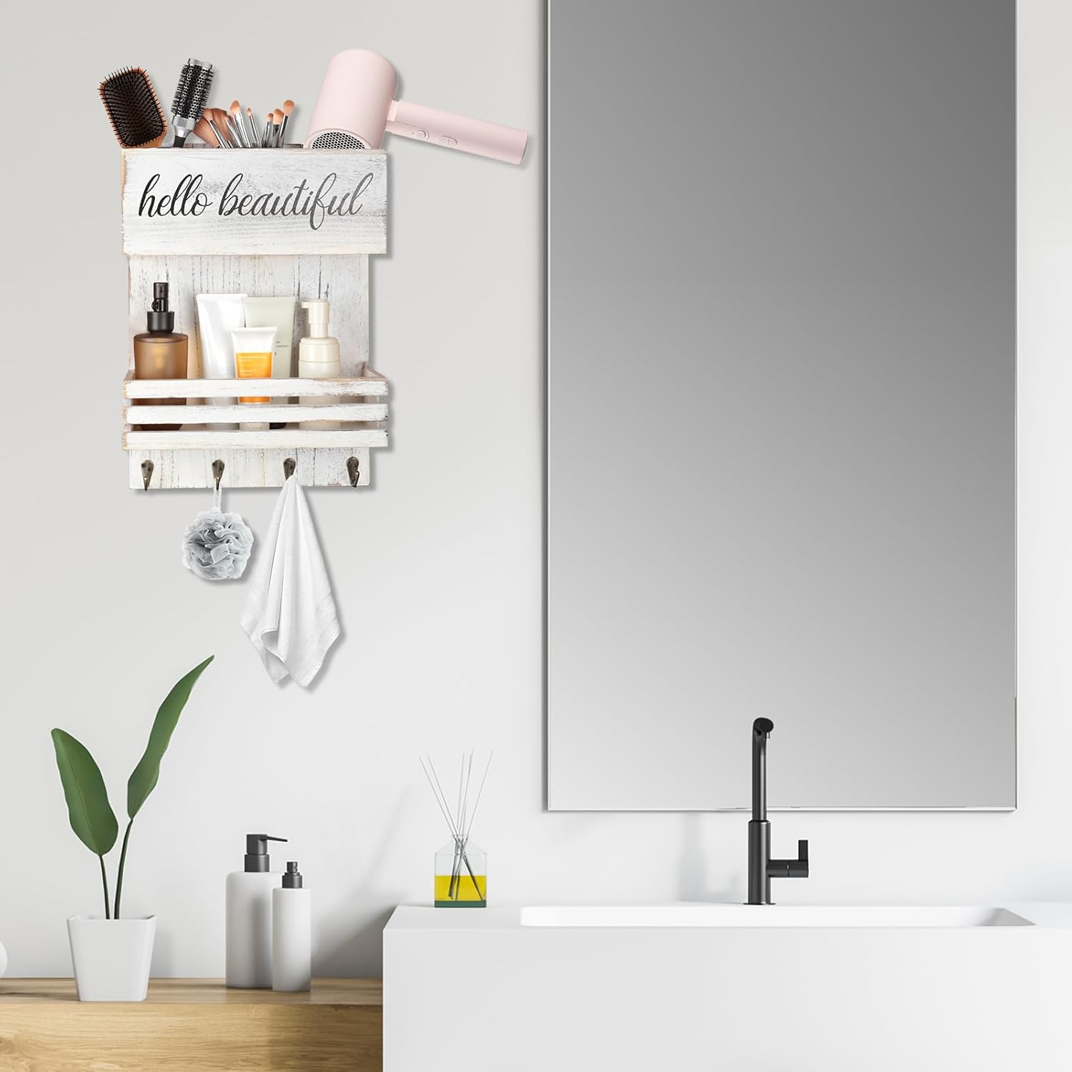 Wooden Hair Dryer Holder Wall-Mounted - 2 Tier Bathroom Storage Shelf Cosmetic & Hairdressing Tools Organizer for Bathroom Countertop/Vanity (White)