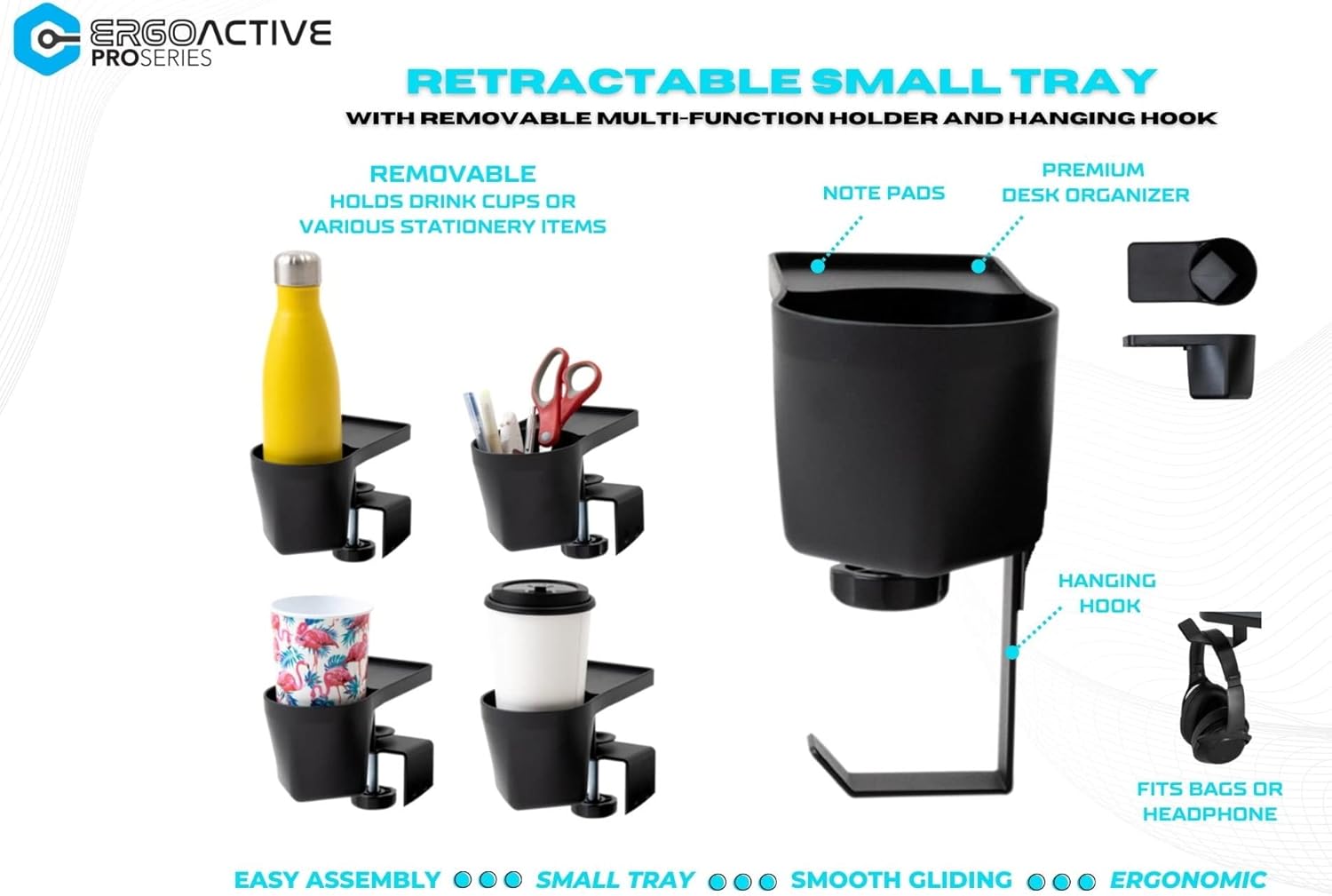ErgoActive Small Size Keyboard Tray with Multi-Function Cup Holder, Clamp On Easy Installation, Desk Organizer (Small Tray) (with Cup Holder)