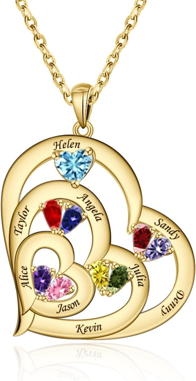 MissNaNa Custom Mothers Necklace with 1-10 Birthstones S925 Sterling Silver Personalized Birthstone Necklaces for Women Name Engraved Family Pendant Necklace for Mom Grandma Christmas