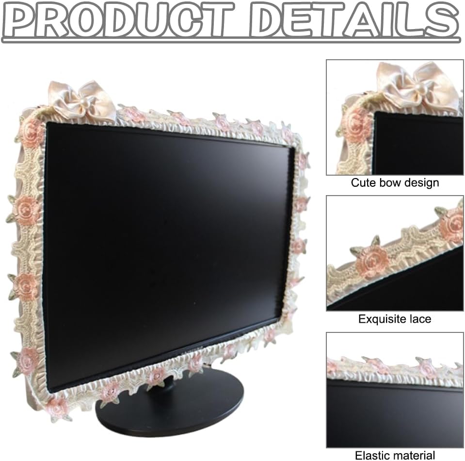 2Pcs Cute Fabric Computer Monitor Cover with Bow Tie, Lovely Floral Lace Laptop TV LCD Screen Monitor Decoration Dust Cover Protector, 23-26 Inch (Beige)