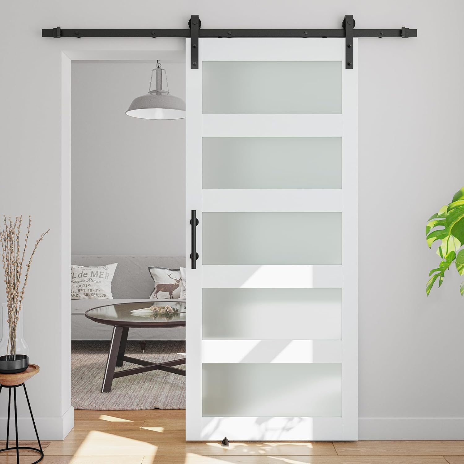 40in x 80in Glass Barn Door with 7ft Barn Door Hardware Kit & Handle, Pre-Drilled Holes Easy Assembly - Covered with Water-Proof PVC Surface, White, 5 Panel