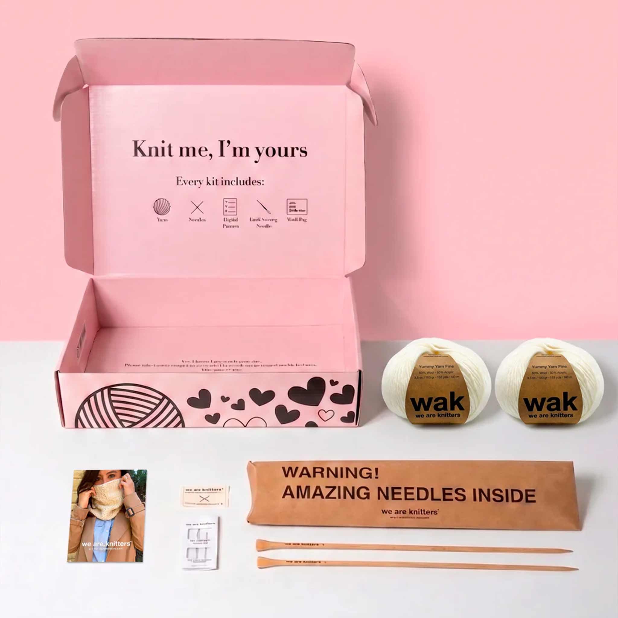 We Are Knitters Stichproben-Strickset, Anfängerfreundliches Strick-Starter-Set mit Baumwollgarn, lernen Sie wichtige Stiche und machen Sie Ihren ersten Schlauchschal