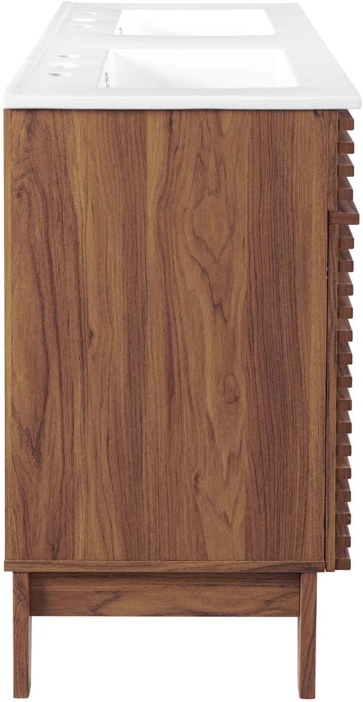 Pemberly Row 48" Modern Wood Double Sink Bathroom Vanity, Walnut/White Finish, MDF and Particleboard Construction, Ceramic Sink Basin, Mid-Century Style, Tapered Legs, Ample Storage for Bathroom Use