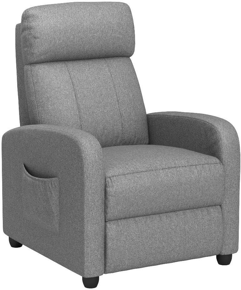 Giantex Recliner Chair, Massage Wingback Single Sofa w/Side Pocket, Fabric Recliner Sofa for Living Room, Modern Padded Seat Reclining Chair, Home Theater Seating Office for Adults (Grey)