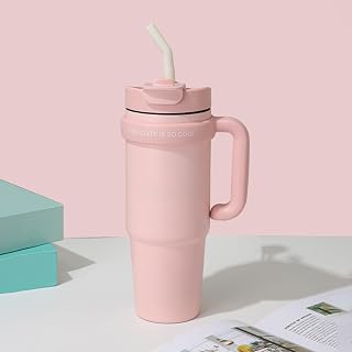 30oz Tumbler with Handle, Stainless Steel Insulated Bottle - Double Wall Vacuum, Straw Lid Included Pink
