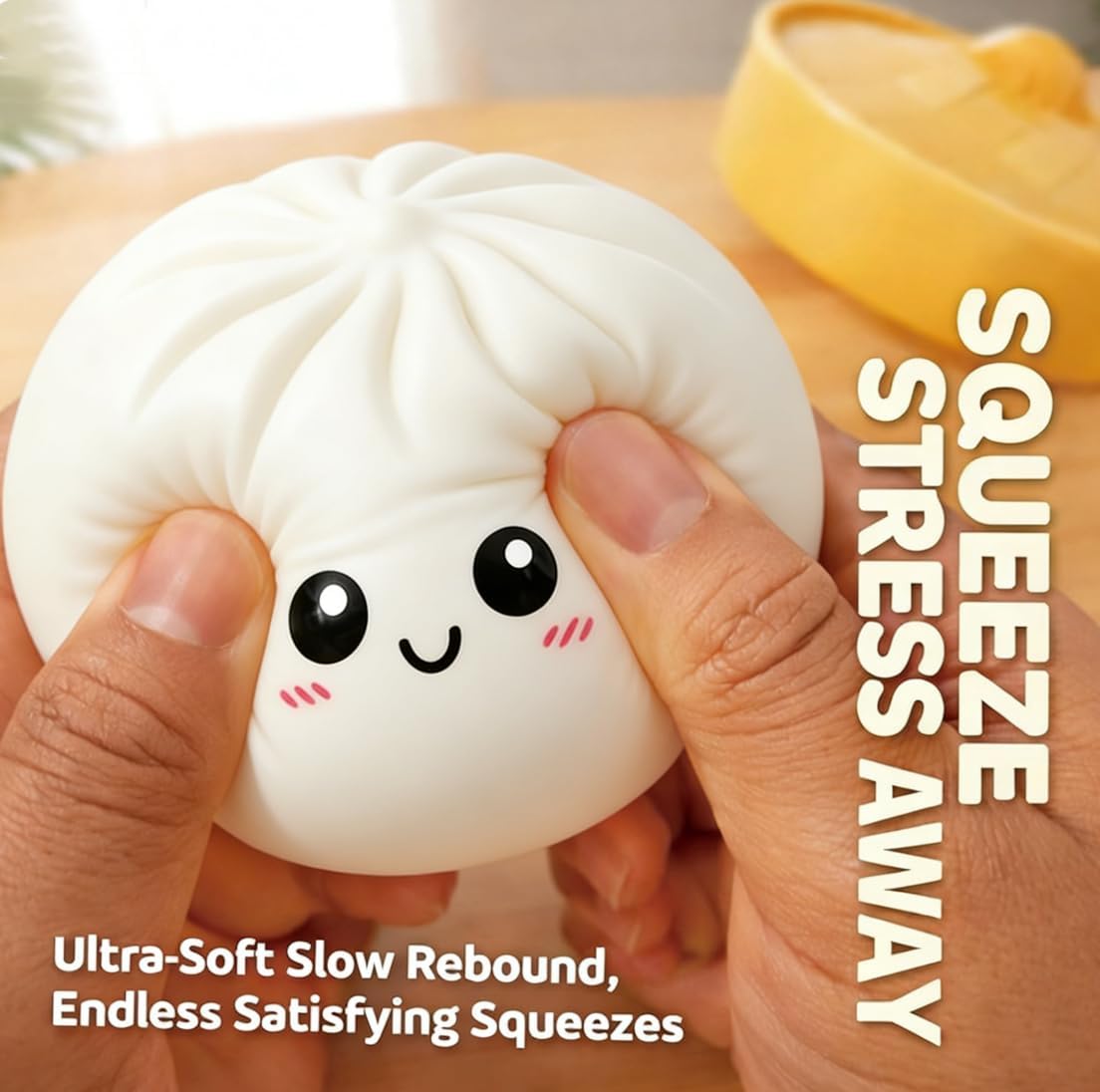 Dumpling Squishies, Glitter Dim Sum Stress Ball, Cute Steamed Bun Fidget Sensory Toy with Food Steamer, Squeeze Dough Hand Toy for Adults Kids,Easter Basket Stuffers (White)