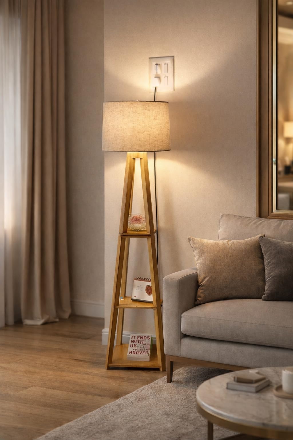 Floor Lamp with Wooden Display Shelves and Fabric Shade | Space-Saving Design, Corner Decoration, Bedroom & Office Use, Library Lighting, Contemporary Style-image-35