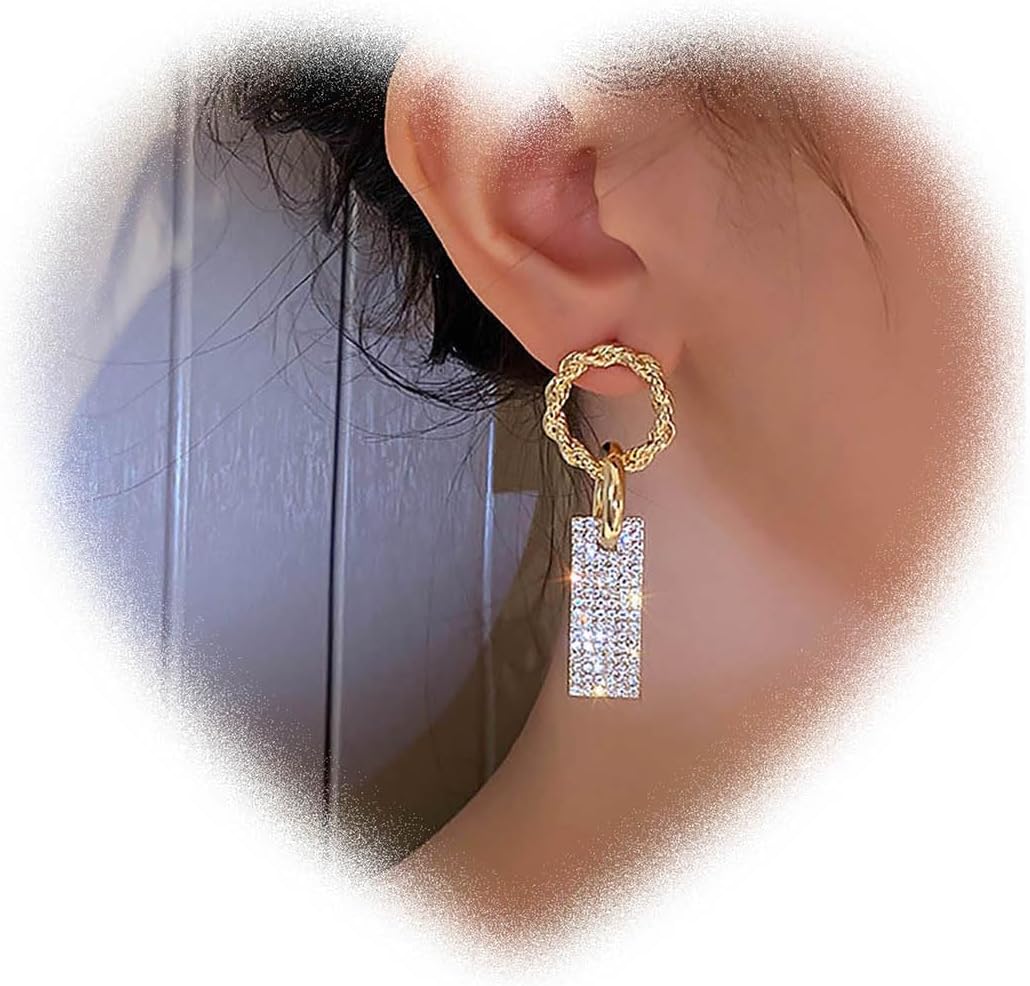 Crystal Square Drop Earrings Hollow Circle Earrings Long Square Dangle Earrings Boho Circle Stud Earrings Gold Geometric Earrings Jewelry for Women and Teen Gifts