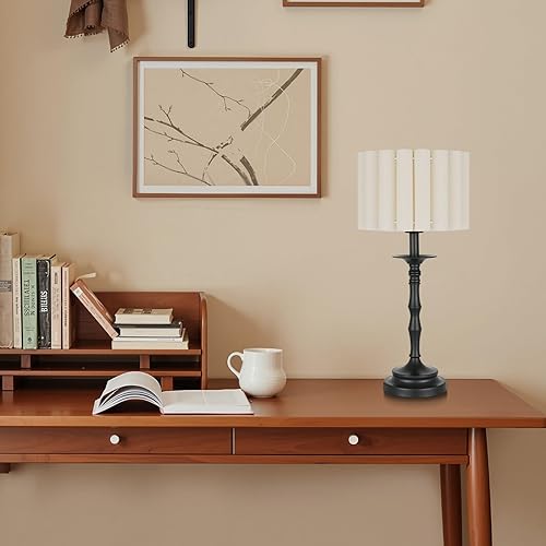 Miniatura 3 de Lámpara de mesa festoneada negra vintage, lámpara plisada rústica/granja, pantalla festoneada y poste de lámpara de bambú, para sala de estar mesita