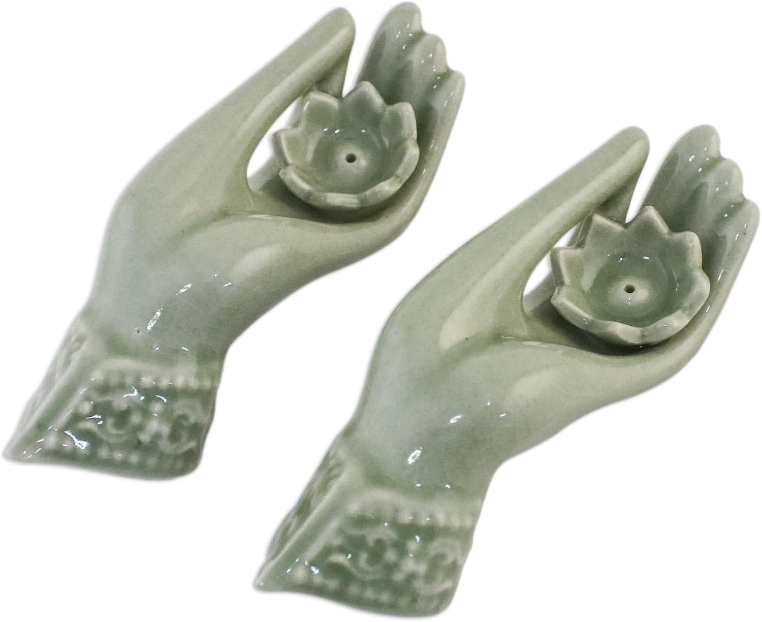NOVICA Celadon Ceramic Incense Holder, Green, 'Thai Dance Hands' (Pair)