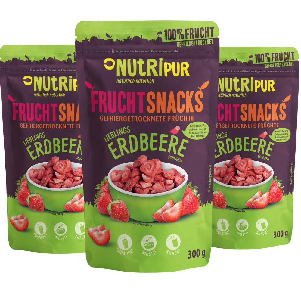 NUTRIPUR Gefriergetrocknete Erdbeeren 3×300 g