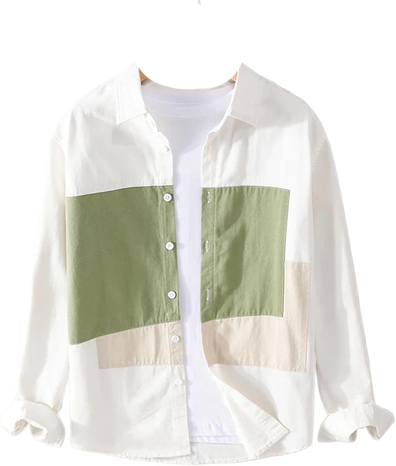 Long-Sleeve Cotton Shirt Men Casual Patchwork Comfortable Tops