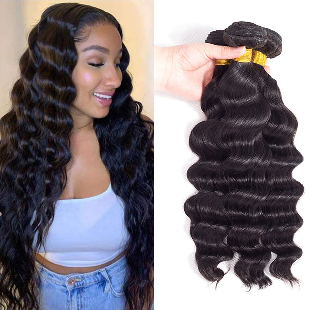 12A Grade Brazilian Virgin Hair Loose Wave 3 Bundles 10" 12" 14" 300g Virgin Brazilian Remy Loose Deep Wave Human Hair Weave Bundles 100% Real Unprocessed Virgin Remy Human Hair Bundles Natural Color